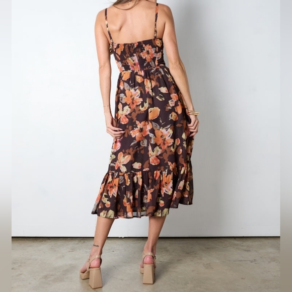 Storia Sheer Floral Brown printed Midi dress Bustier Ruffled Hem Large Strapless - Picture 2 of 10